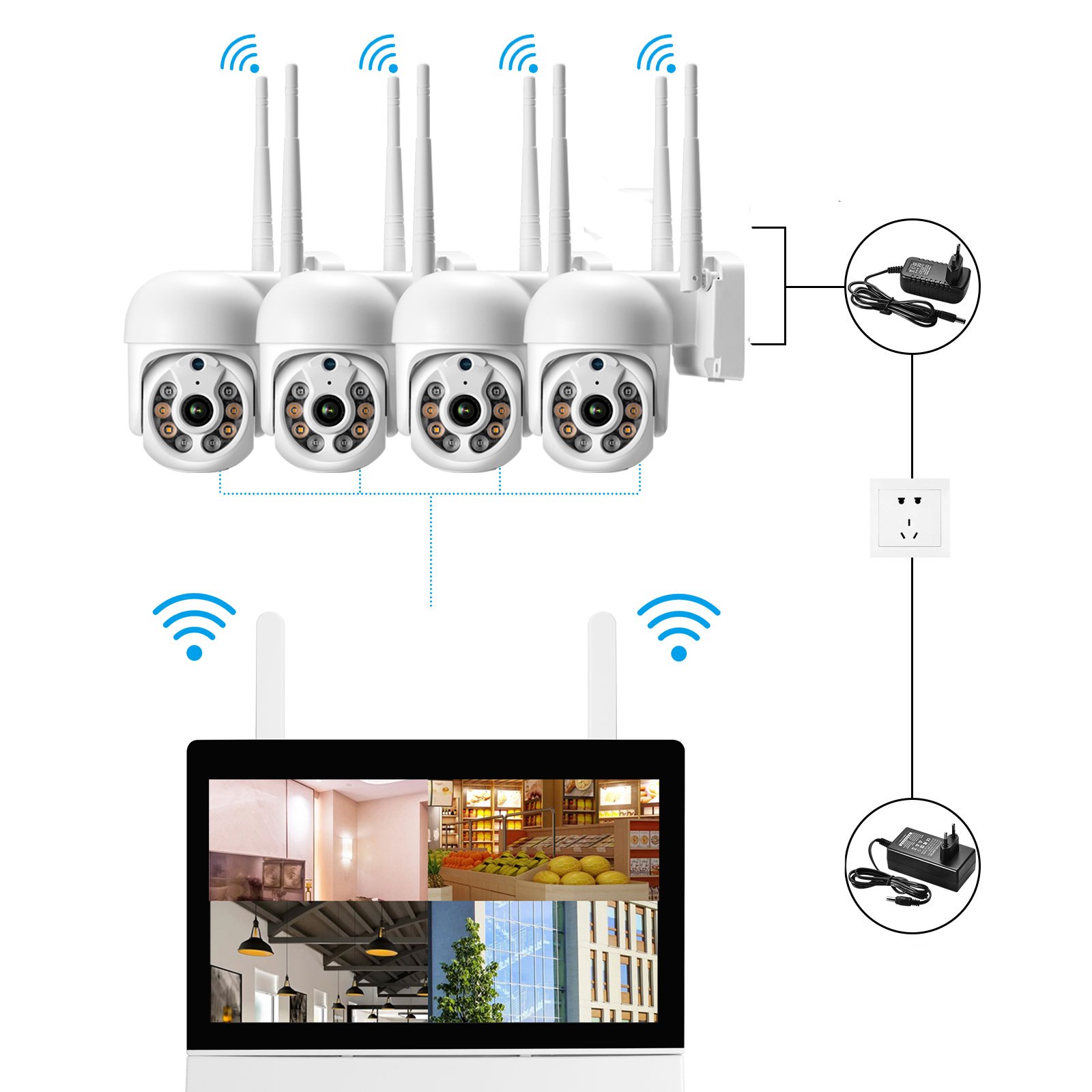 EseeCloud 4CH wifi Camera kit 3MP Network Wireless CCTV System 12.5Inch Screen Nvr 3MP wireless ptz wifi security camera system