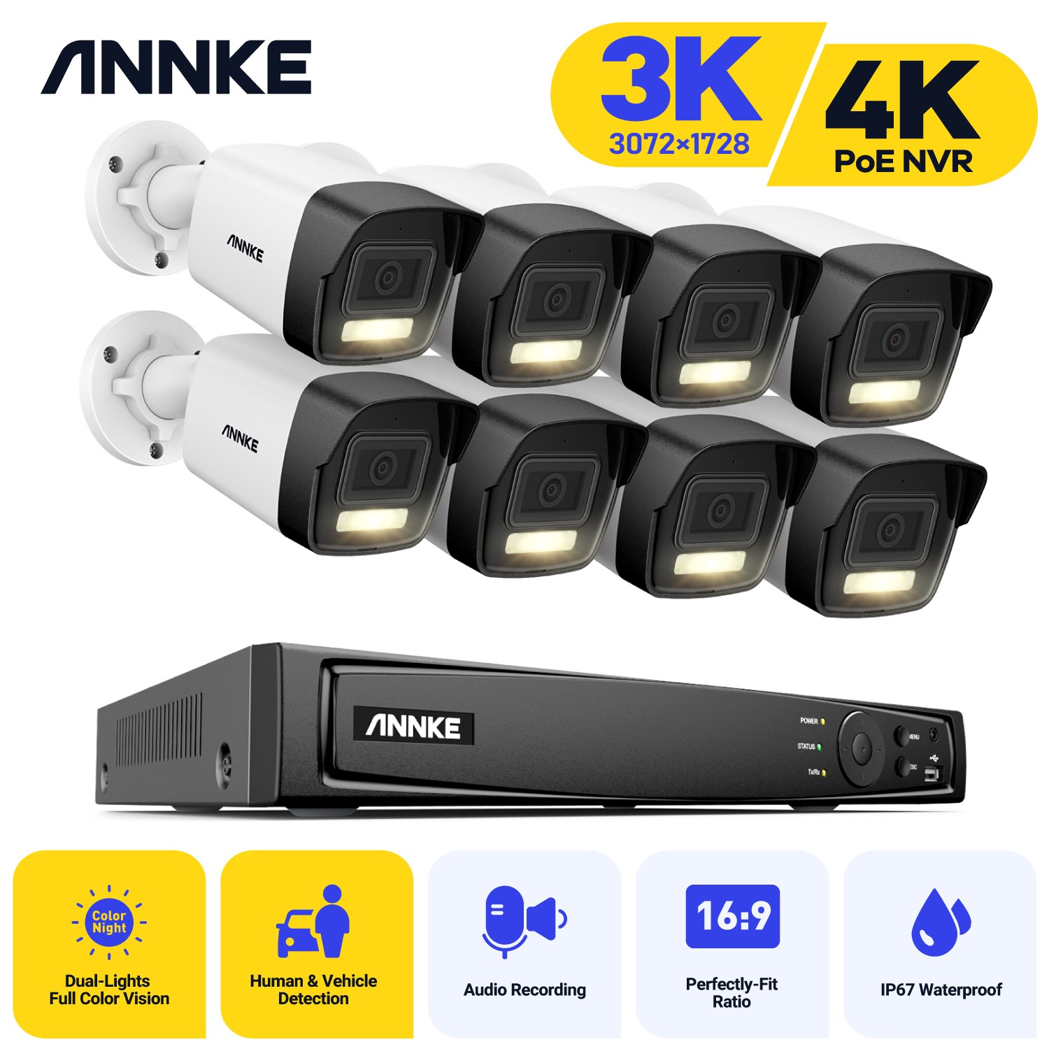 ANNKE HD 3K(5MP) Tri-Mode Security Camera System with Smart Dual-Light, Microphone, and 4K NVR Surveillance Kit 2024