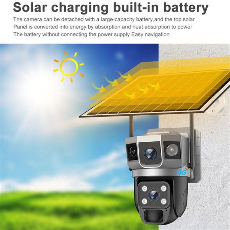 Rscamtom dual lens CCTV camera triple screen solar camera color night vision motion detection 4g sim card cctv camera