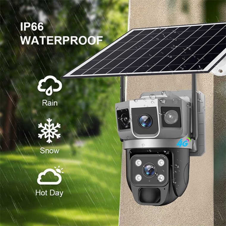 Rscamtom dual lens CCTV camera triple screen solar camera color night vision motion detection 4g sim card cctv camera