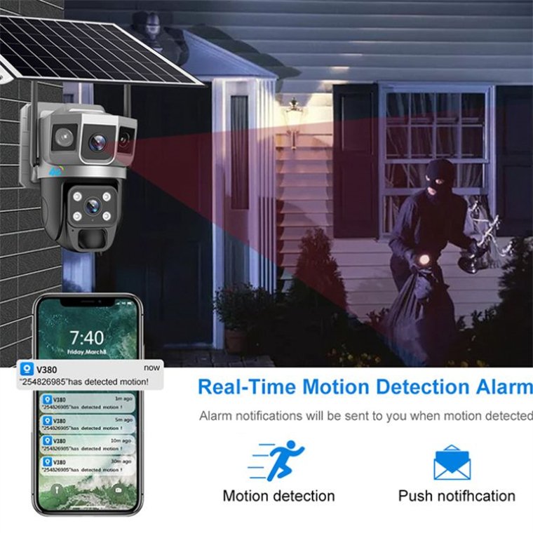 Rscamtom dual lens CCTV camera triple screen solar camera color night vision motion detection 4g sim card cctv camera