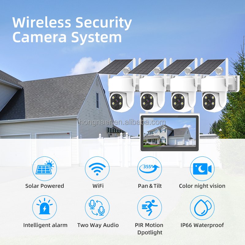10.1'' LCD CCTV Kit Wireless Solar Power Security PTZ Camera System Wireless WiFi Outdoor Solar CCTV Camera Surveillance System
