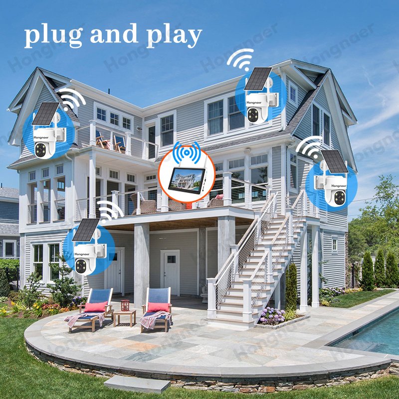 10.1'' LCD CCTV Kit Wireless Solar Power Security PTZ Camera System Wireless WiFi Outdoor Solar CCTV Camera Surveillance System
