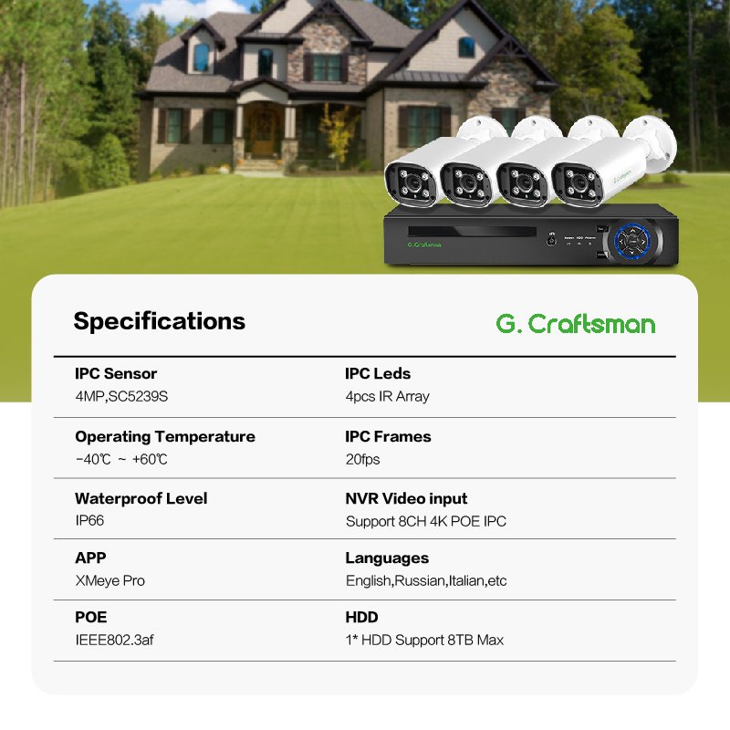 GX-PBFI-M4G-K4 Gcraftsman 4 Channel POE NVR Kit 4MP Outdoor CCTV IP Home Surveillance Security Camera System