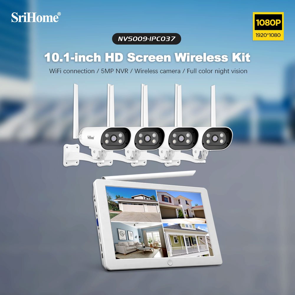 2024 Srihome Outdoor Wire-free Smart security Camera 10.1 Inch LCD Screen 1080P 8 Channel Security CCTV NVS009 +4*IPC037