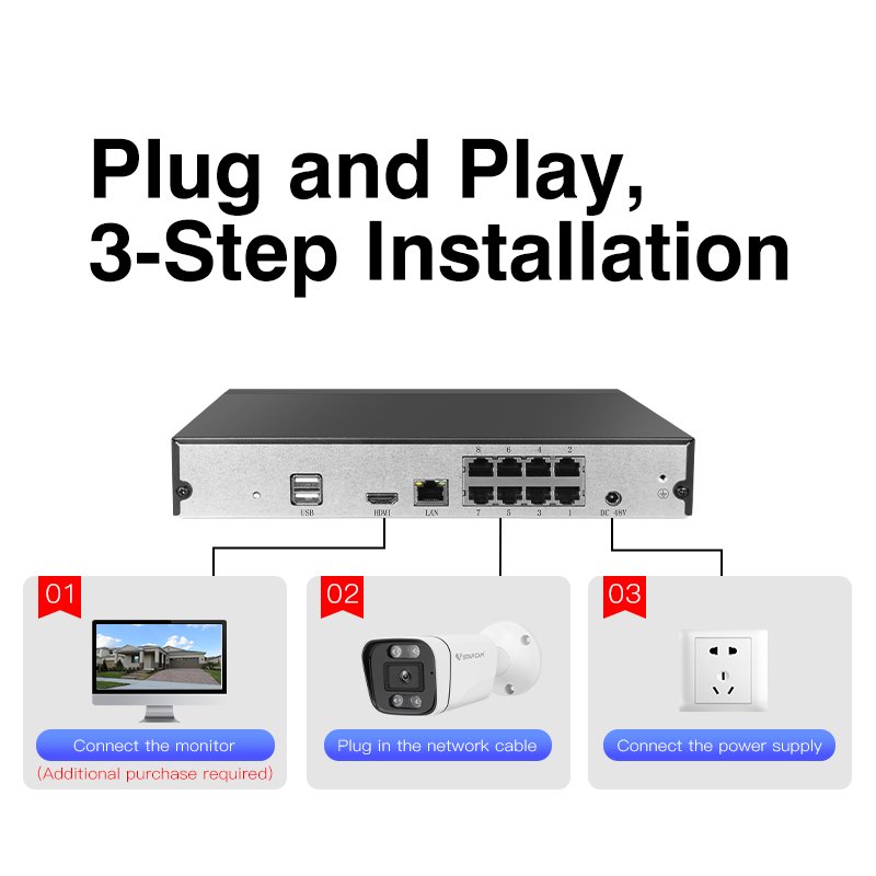 8CH 5MP POE NVR Kit AI Video Surveillance Camera System with 4K 8pcs RJ45 USB POE Port Power Socket Bullet IP Camera System