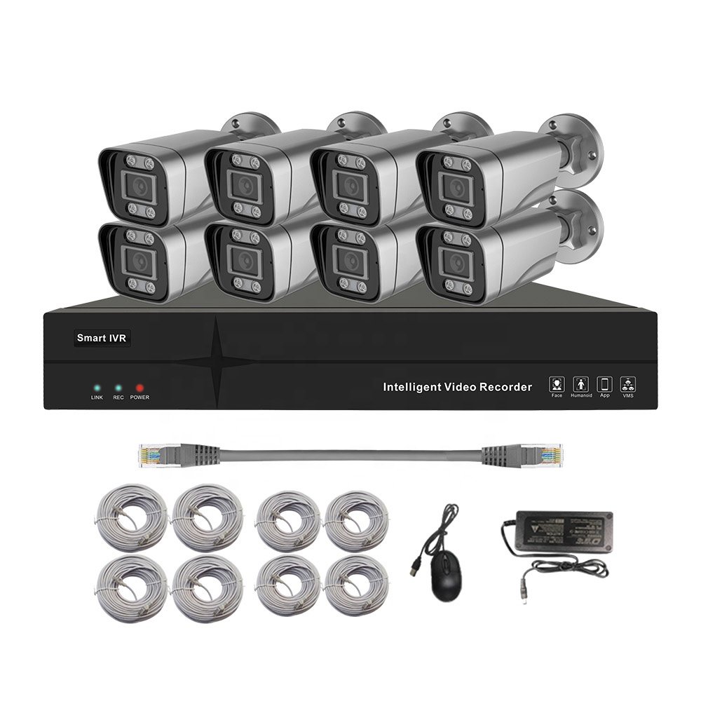 16CH 8MP AI PoE NVR kit made of 1 pice 16CH PoE NVR + 16PCS 8MP two-way audio dual light PoE bullet cameras + 16PCS data cables