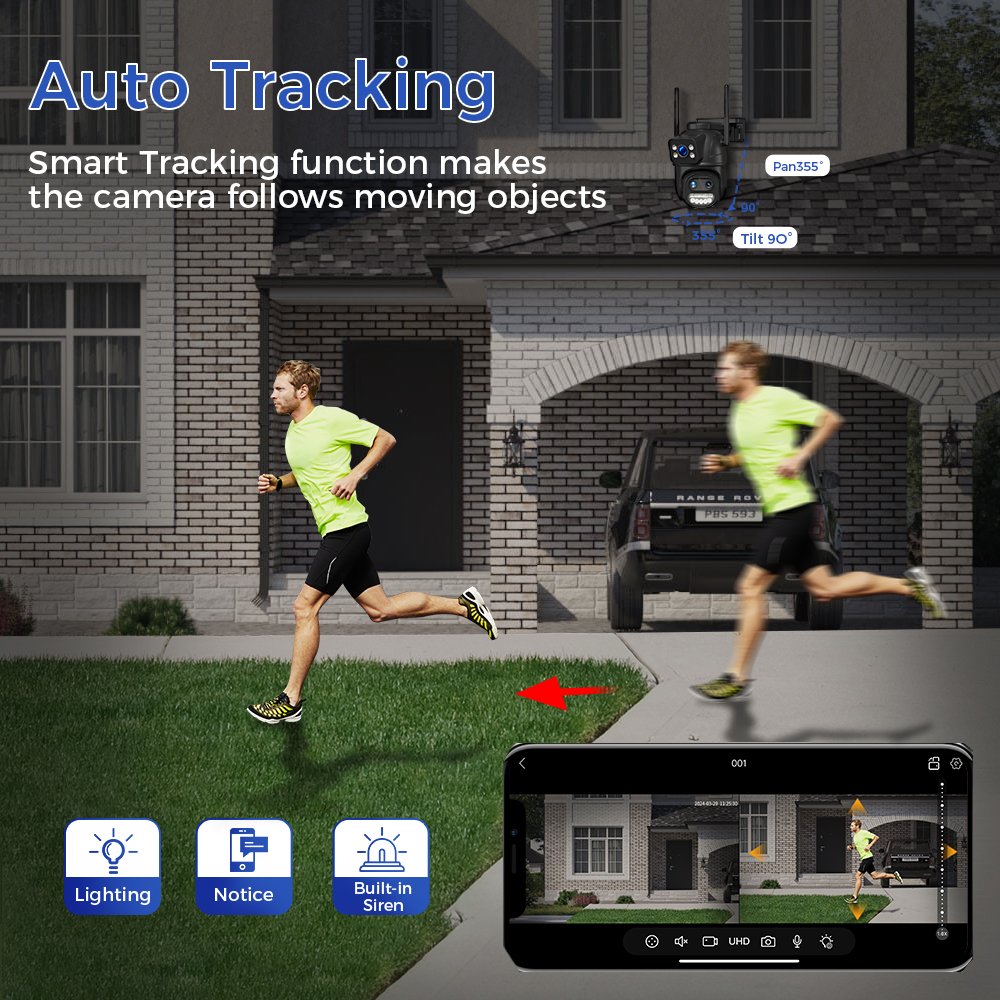 OEM Black 8X Zoom three lens H.265 motion tracking 9MP IP outdoor Ptz WiFi wireless CCTV security camera system