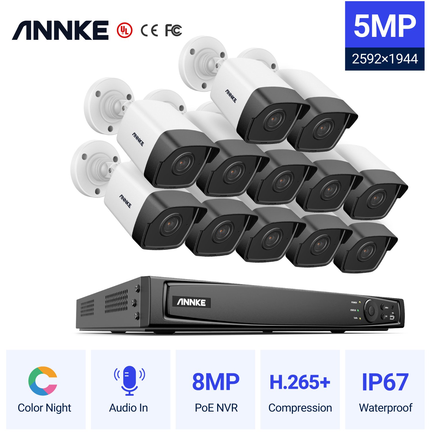 ANNKE 4K 16Ch POE NVR Video Surveillance Camera System 12pcs 5MP CCTV Camera System with 6TB Hard Drive