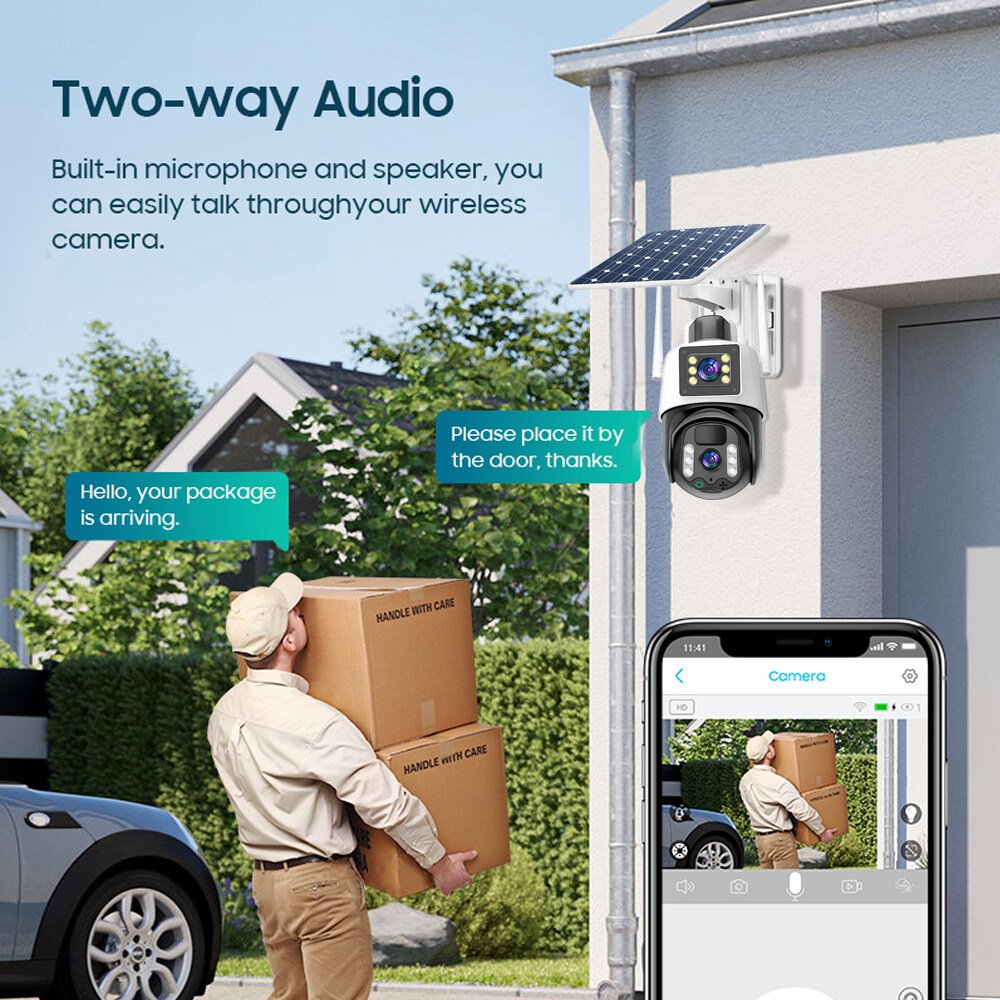 Wistino 6MP Dual lens Surveillance PTZ Battery Camera Color Night Vision PIR Detection Audio Solar Camera Sim 4G