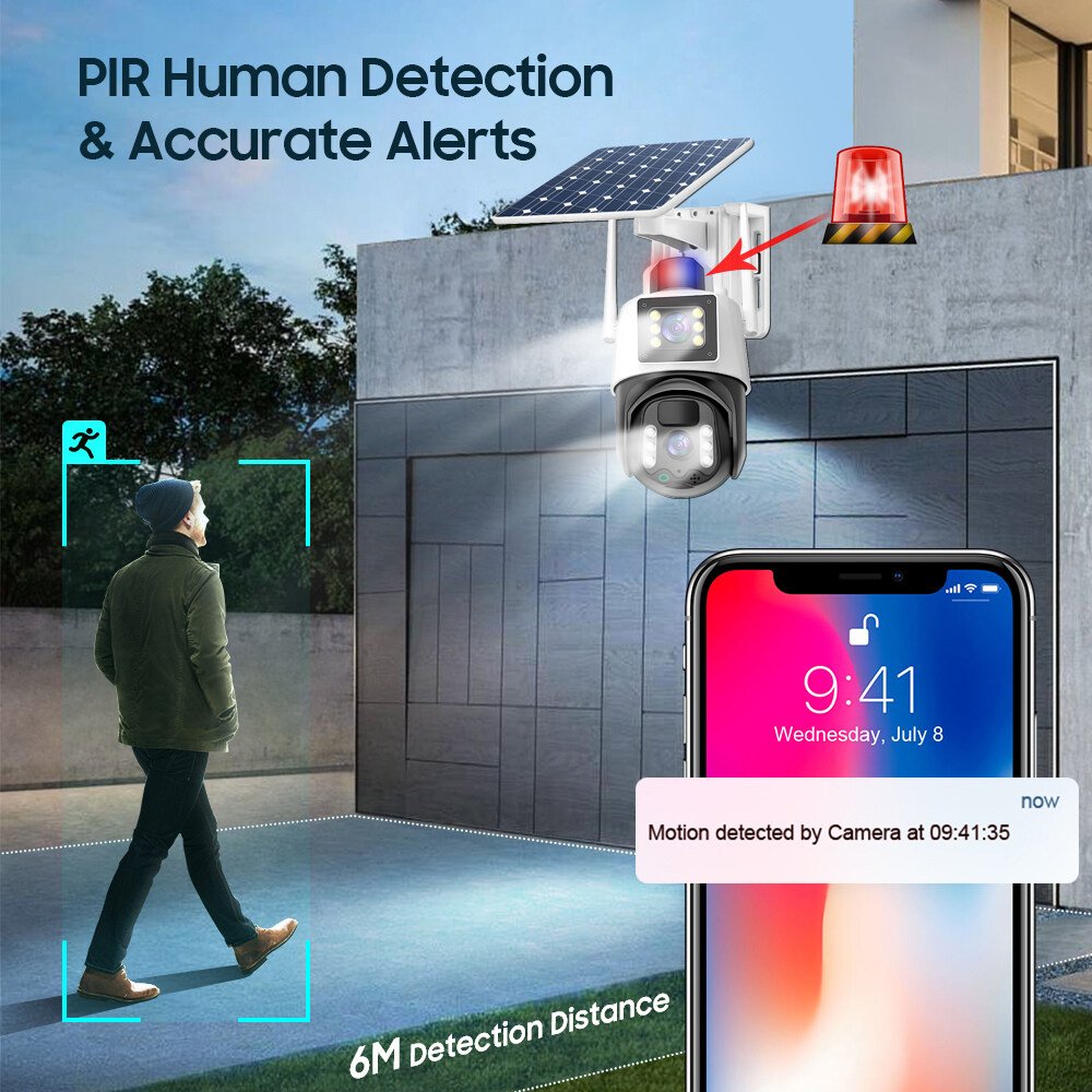 Wistino 6MP Dual lens Surveillance PTZ Battery Camera Color Night Vision PIR Detection Audio Solar Camera Sim 4G