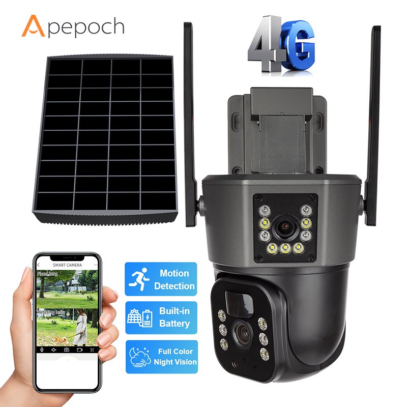 Solar CCTV Camera 4G Sim Card V380 Pro Dual Lens 18000 mAh Battery and 8W Solar Panel IP PTZ Outdoor Use Waterproof