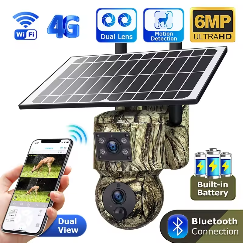 New HD 6MP 4G CCTV wireless Solar Camera GSM Outdoor Dual Lens IP66 Waterproof PTZ Hunting Trail PIR Motion Detection
