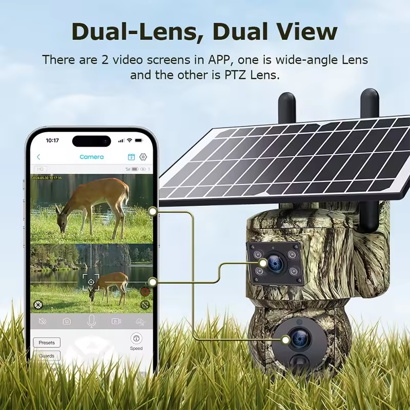 New HD 6MP 4G CCTV wireless Solar Camera GSM Outdoor Dual Lens IP66 Waterproof PTZ Hunting Trail PIR Motion Detection