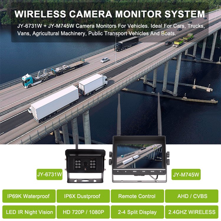 Wireless Rear View Back Up Camera Waterproof Night Vision System + 7" Monitor For RV Truck Bus Trailer Lorry 12V 24V