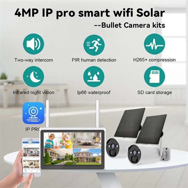 Rscamtom 4CH Wireless CCTV System for Environmental Monitoring 4MP Monitor with Solar Panel for Emergency Backup Surveillance