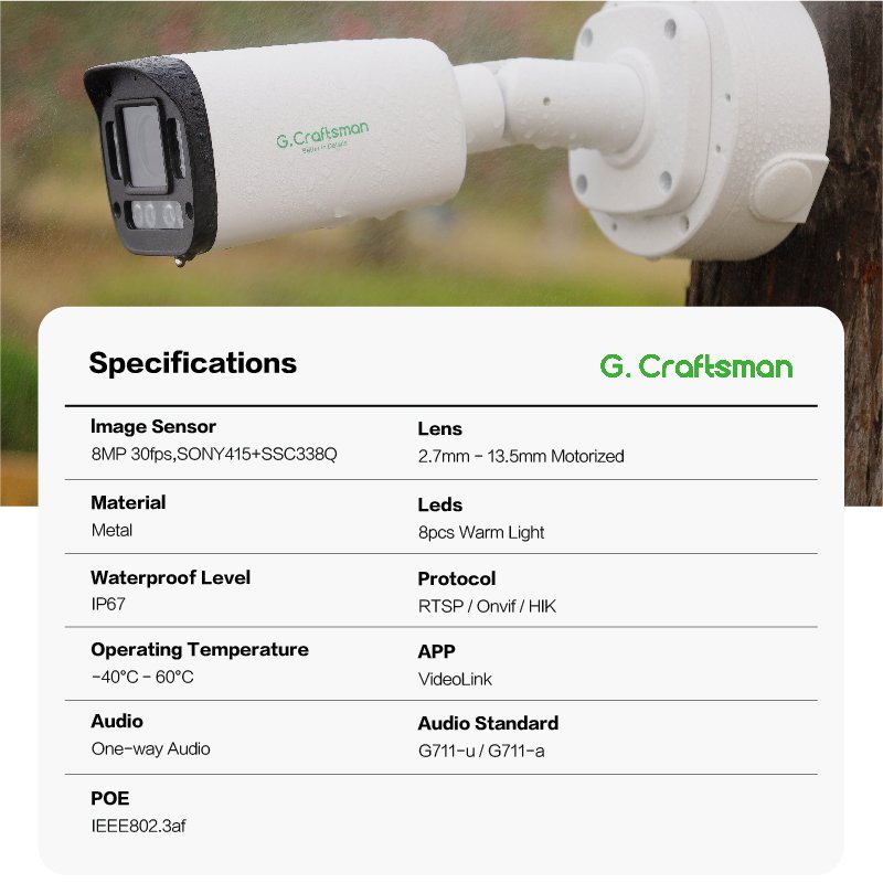 GA-B1VW-M8SG GCraftsman 4K 8MP Full Color POE True WDR DNR ColorVU IP Network Camera with Microphone Audio Motorized Lens