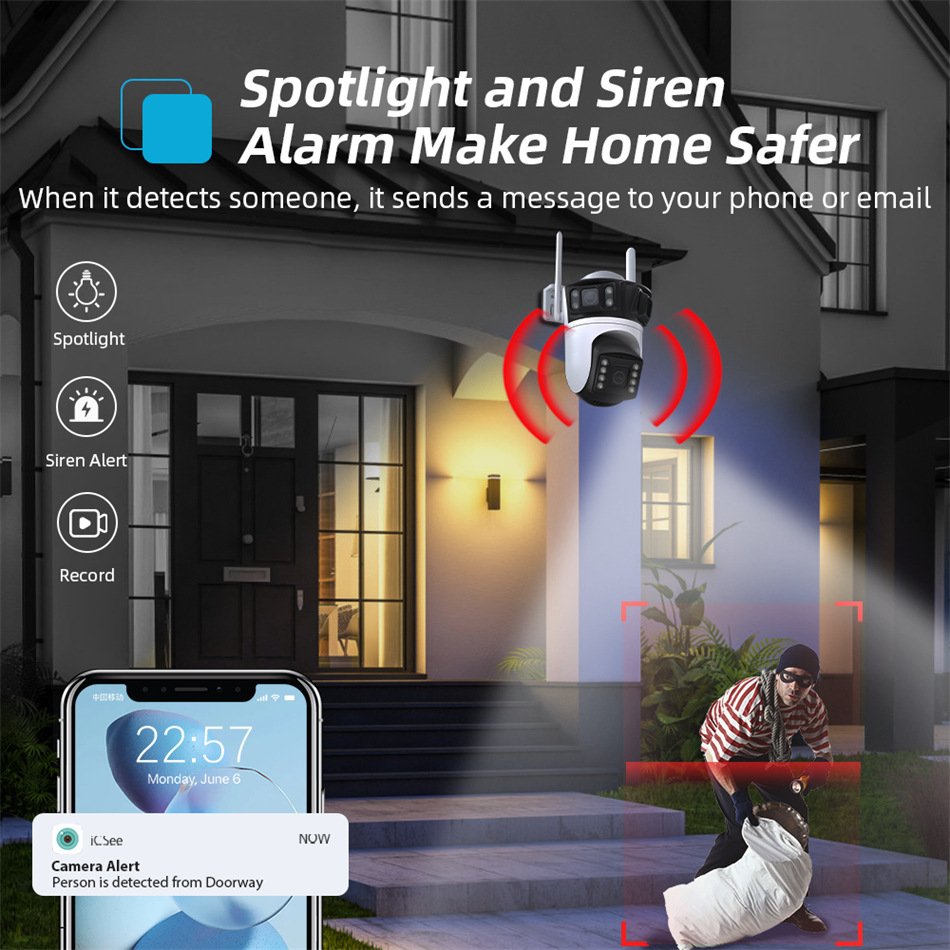 Anboqi ICSEE 12MP Remote WiFi Camera three Lens 360 Wireless Monitor Two Way Audio Surveillance