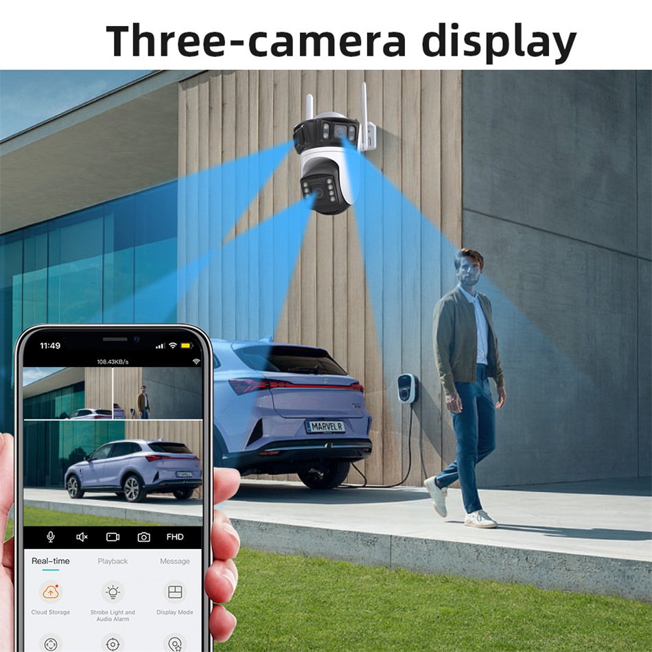 Anboqi ICSEE 12MP Remote WiFi Camera three Lens 360 Wireless Monitor Two Way Audio Surveillance