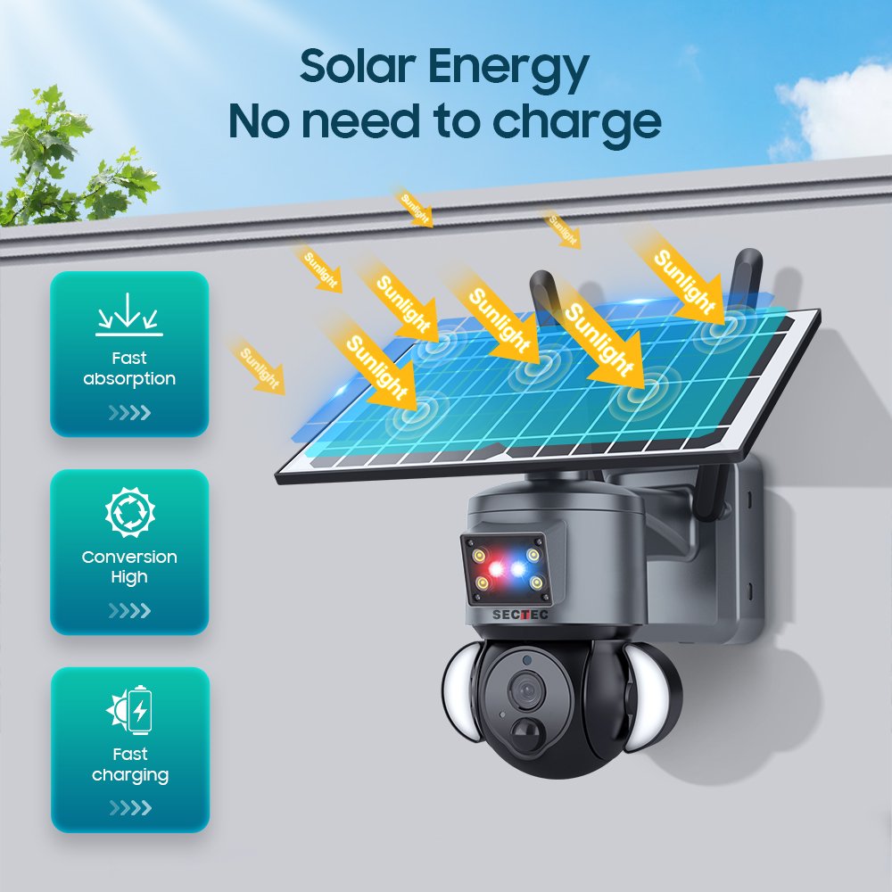 2024 Sectec 6W 2K Solar Battery Powered HD 4MP 4G Solar Camer Red and Blue Alarm Cctve Security Surveillance Outdoor Camera