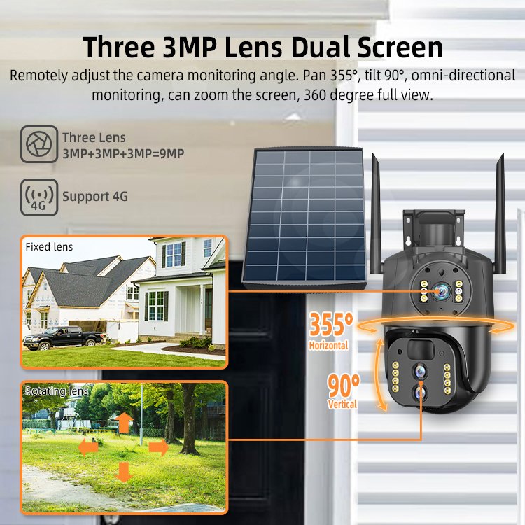8W cctv solar panel network camera 4G security Camera with 3 lens night vision smart home security camera