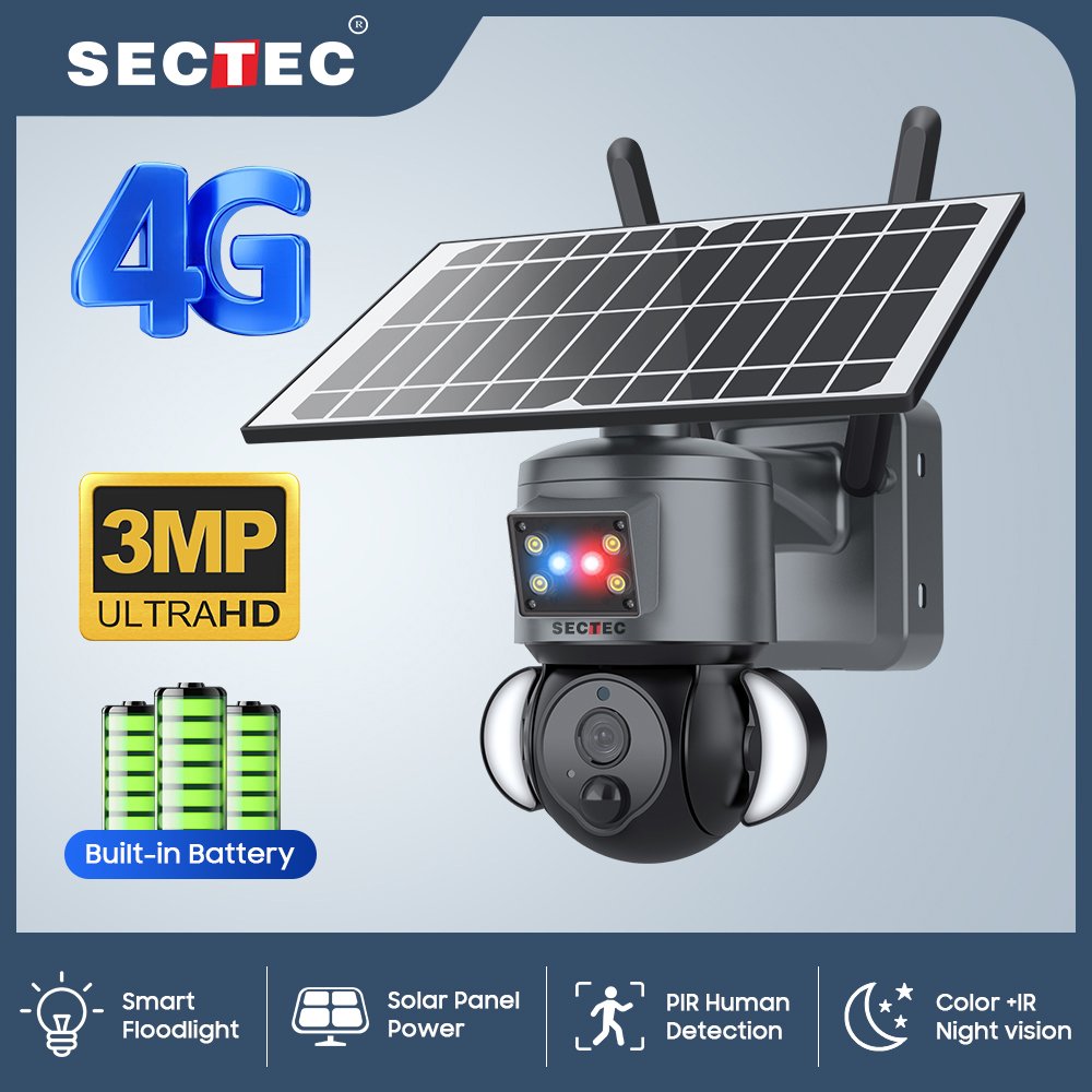Sectec 3MP Super HD Night Vision 6W Solar Panel Powered Floodlight PTZ Camera 4G With Sim Card CCTV System Surveillance Products