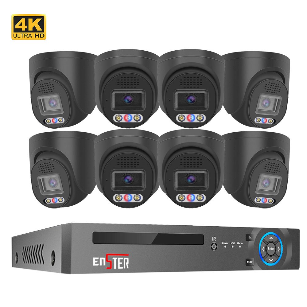 ENSTER 4K 8 Channel 8MP Red and Blue Light Alarm Outdoor Home PoE NVR Kit Cctv Ip Cameras Surveillance Security Camera System