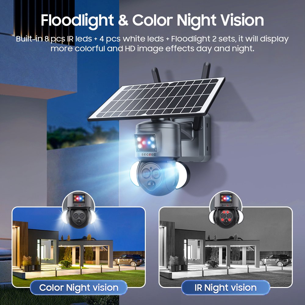 2024 Sectec 4G 6MP 6W Solar Camera CCTV Surveillance PIR Outdoor 12X Zoom Dual Lens Outdoor Wifi Network Solar Camera