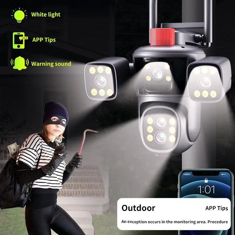 HD Smart Home Outdoor Wireless Camera 10X Optical Zoom 5 Lens Four Screen PTZ Micro SD Card Data Storage Video Surveillance Wifi