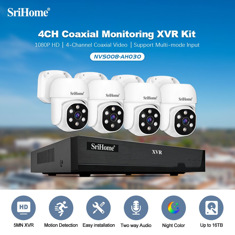 SriHome Hot Selling 4CH XVR Kit NVR Kit PTZ IP Security Camera System Surveillance CCTV System 2MP HD Analog Videos DVR Kit