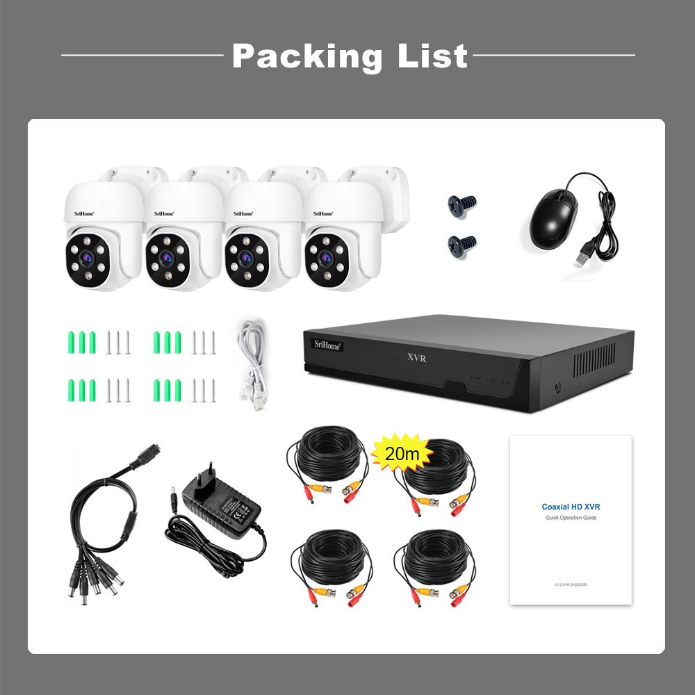 SriHome Hot Selling 4CH XVR Kit NVR Kit PTZ IP Security Camera System Surveillance CCTV System 2MP HD Analog Videos DVR Kit
