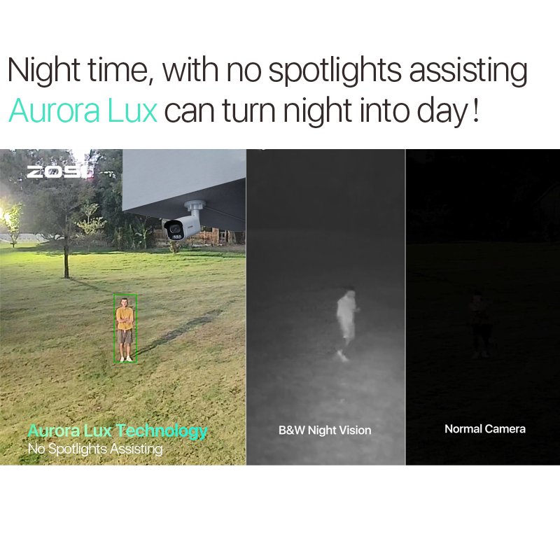 ZOSI Full Color Camera with No Flash Surveillance Systems Camera CCTV Outdoor Surveil Aurora Lux Wire IP Smart Security Cameras