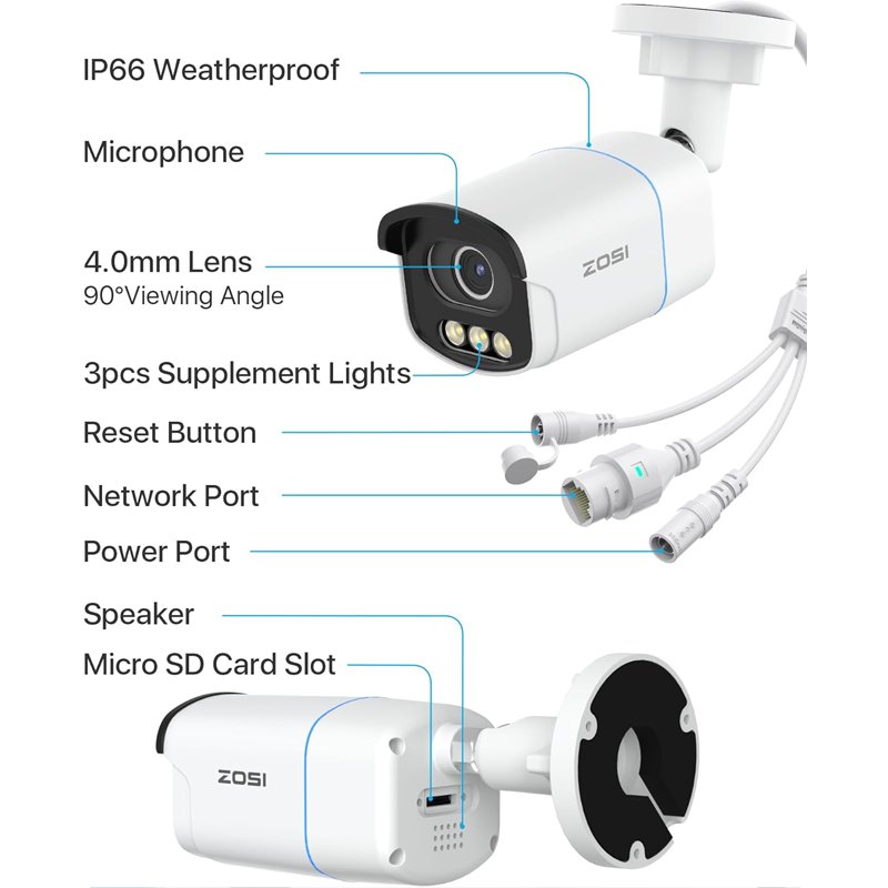 ZOSI Full Color Camera with No Flash Surveillance Systems Camera CCTV Outdoor Surveil Aurora Lux Wire IP Smart Security Cameras