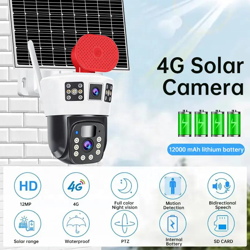okam New 14W Dual Lens 3 screen 4MP 4G Sim Card Solar Battery Powered Security Camera System CCTV PTZ Network Camera