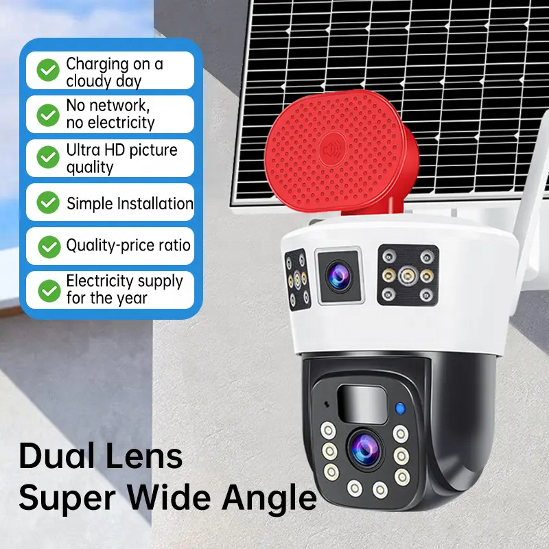okam New 14W Dual Lens 3 screen 4MP 4G Sim Card Solar Battery Powered Security Camera System CCTV PTZ Network Camera
