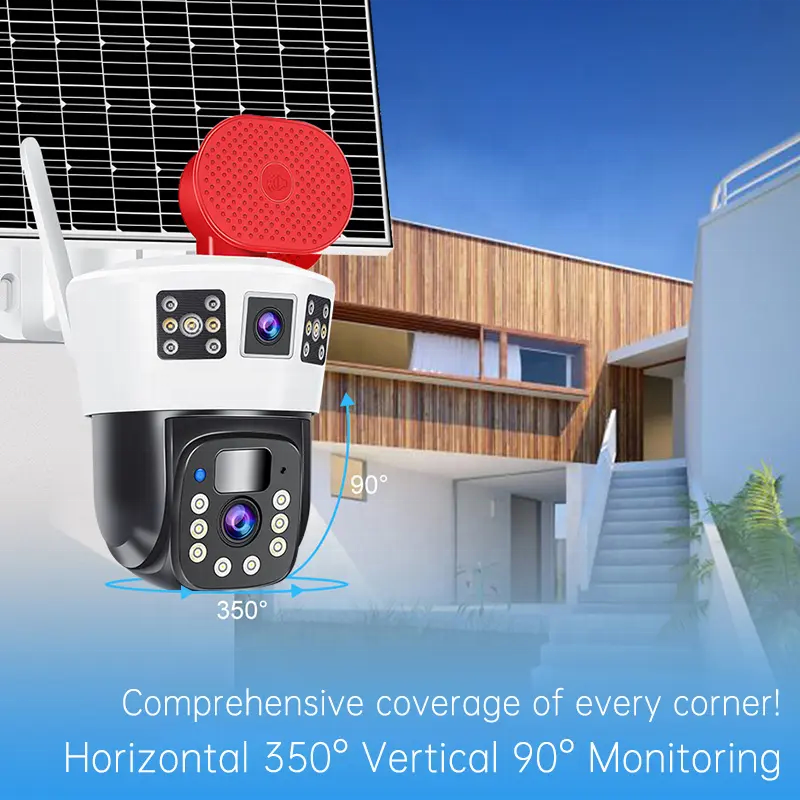 okam New 14W Dual Lens 3 screen 4MP 4G Sim Card Solar Battery Powered Security Camera System CCTV PTZ Network Camera
