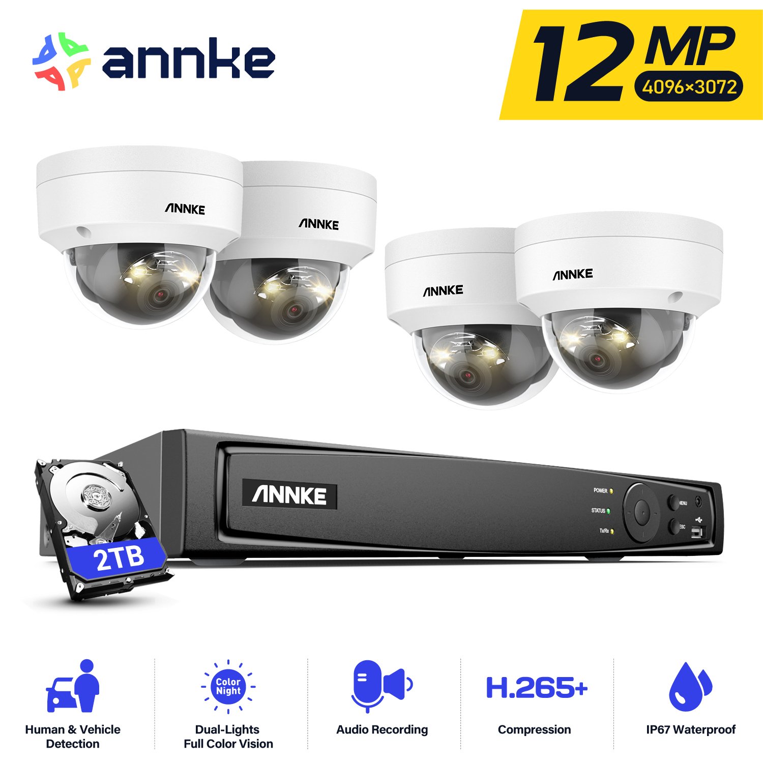 ANNKE 8CH 4K(12MP) PoE NVR With 4pcs 12MP AI & smart dual light & Microphone PoE IP Dome Camera With 2TB HDD