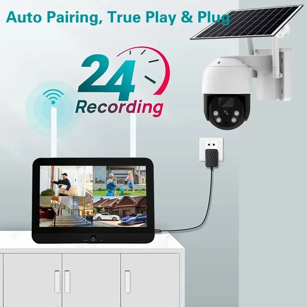 10CH 5MP WIFI Solar PTZ IP Camera 12.5" Monitor NVR Kit Auto Tracking Wireless Home CCTV Camera Video Surveillance System