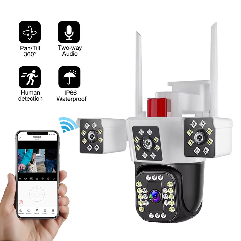 6MP HD Triple Lenses IP66 Outdoor Wireless WIFI Camera 3 Screens Monitor p2p Smart Home Security Camera PTZ IP Camera