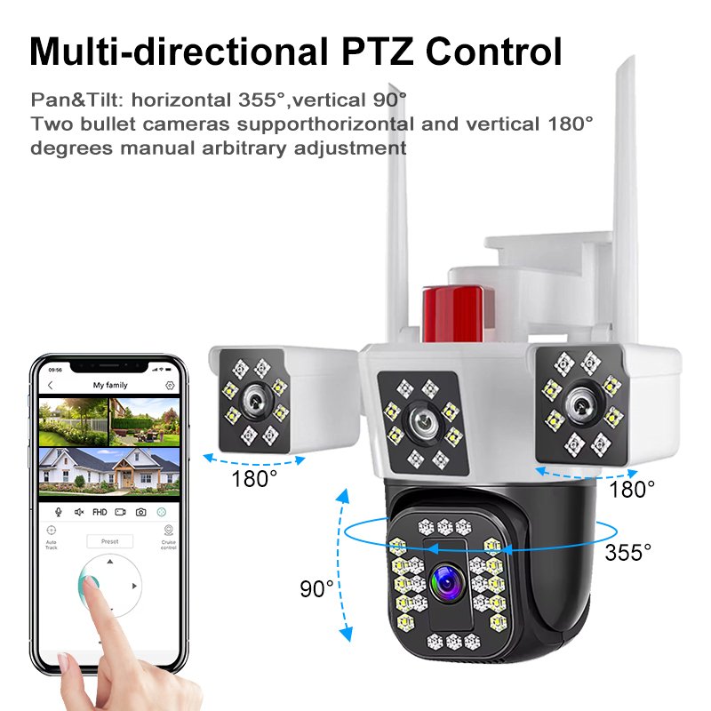 6MP HD Triple Lenses IP66 Outdoor Wireless WIFI Camera 3 Screens Monitor p2p Smart Home Security Camera PTZ IP Camera