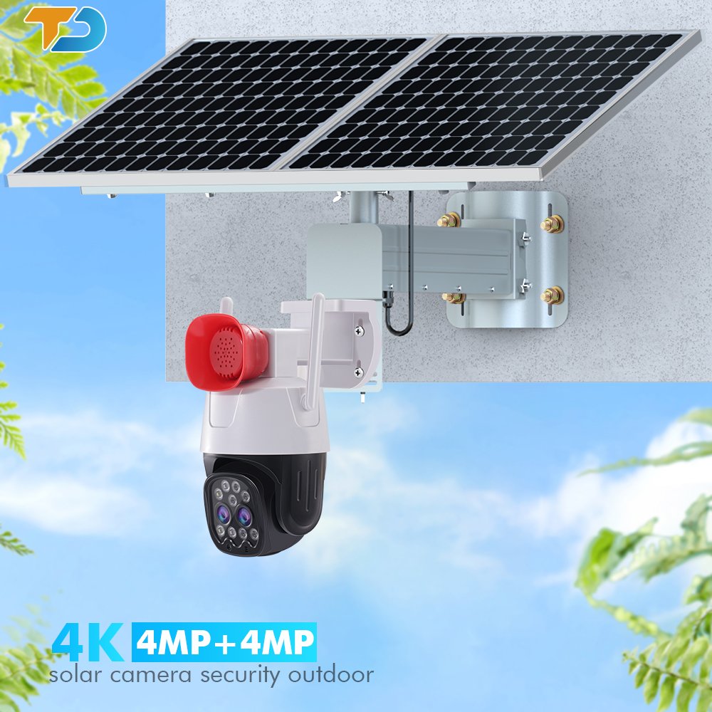 TecDeft Dual Lens 4mp+4mp 10x optics Zoom PTZ Security Wireless Wifi 4g Speaker Alert Network Solar Camera 4g Sim Card For Farm