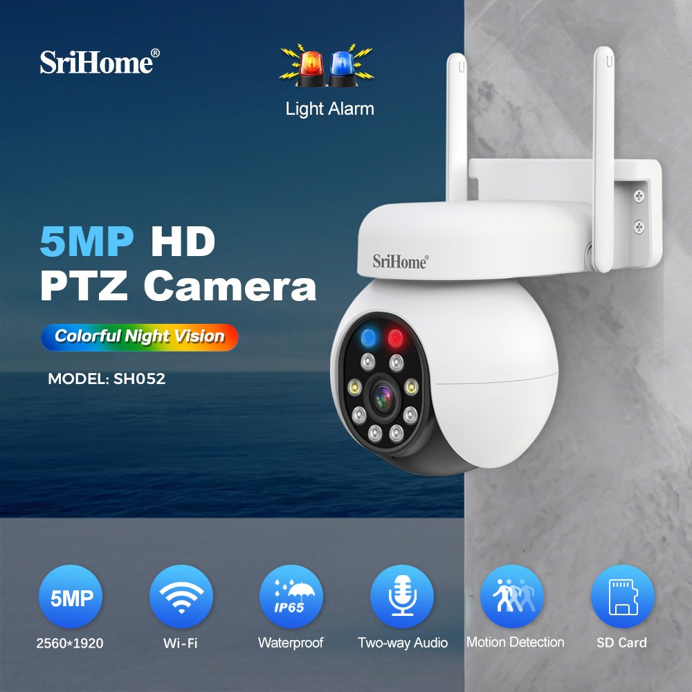 SriHome QHD 5MP Sound Light Alarm PTZ IP Camera Outdoor Indoor Home Security Camera CCTV System Monitoring Intercom Smart camera