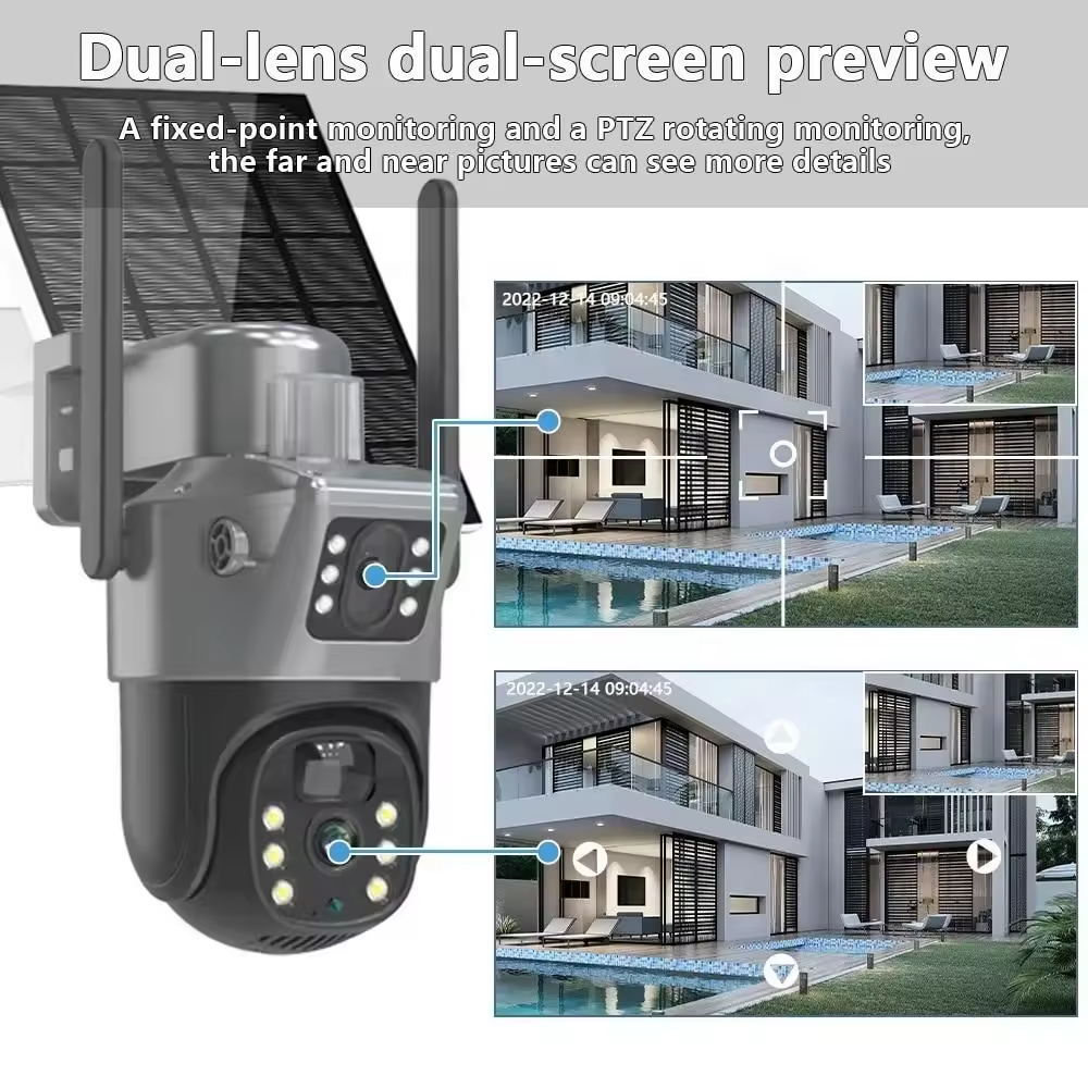 5MP 4G WIFI Security Network IP PTZ CCTV Solar Camera IP66 waterproof Outdoor PIR Human mobile detection with Dual Lens Screens