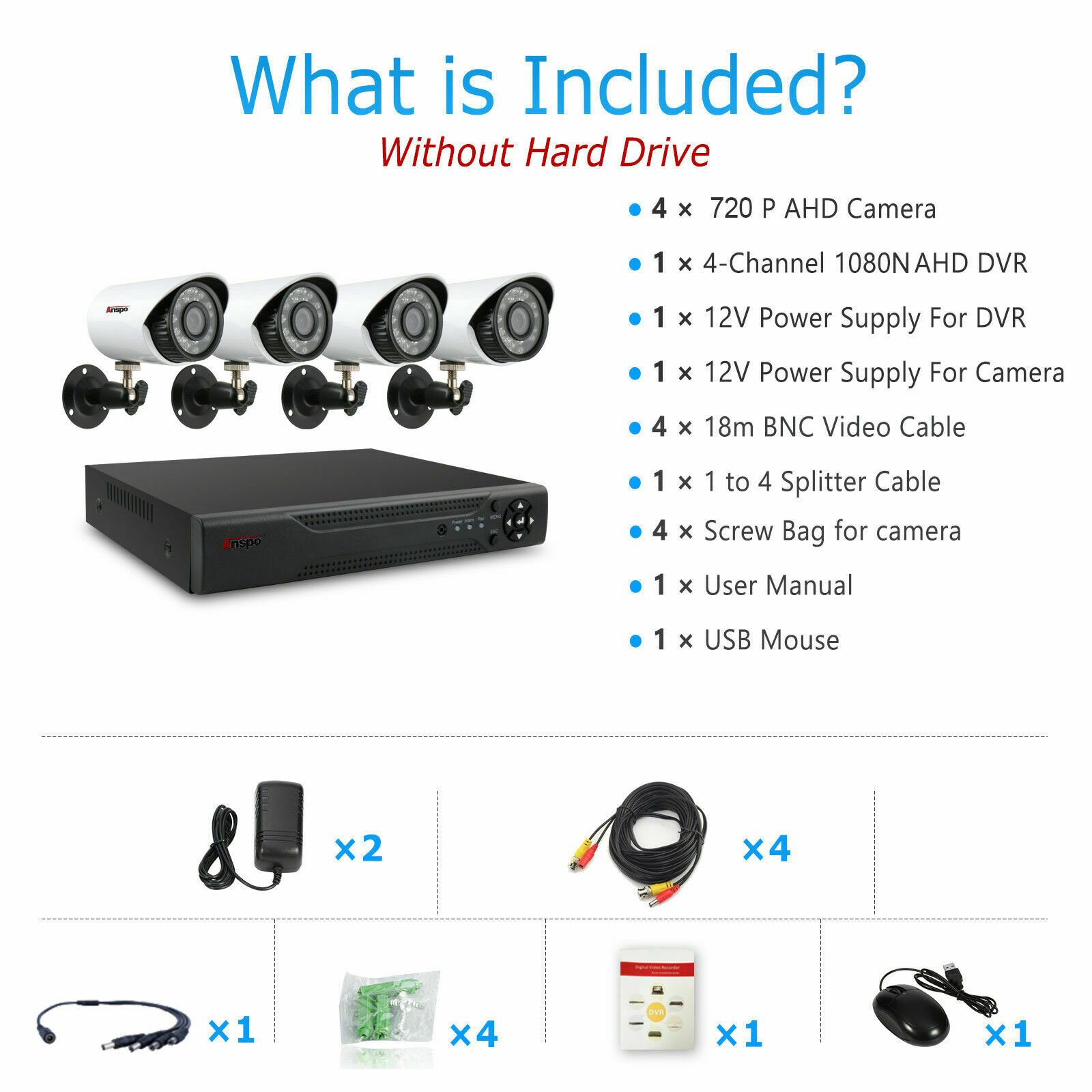 Factory price Anspo brand 4CH 8CH 16CH AHD On-vif coaxial analog HD camera surveillance complete kit