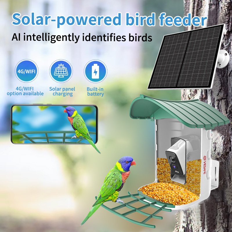 VESAFE Smart AI Recognition Solar Panel Wild Birds Feeders Outdoors 4MP Ubox App Bird Watcher Feeder WIFI 4G Camera