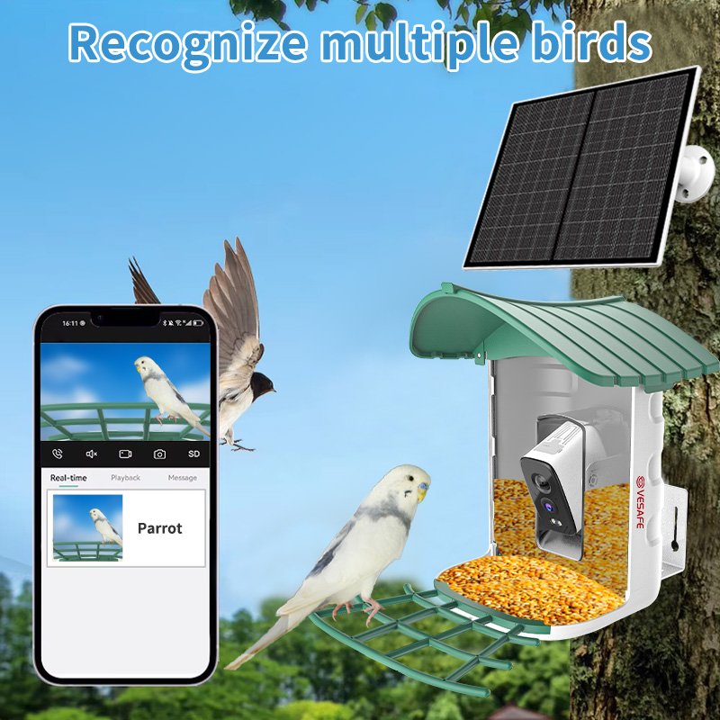 VESAFE Smart AI Recognition Solar Panel Wild Birds Feeders Outdoors 4MP Ubox App Bird Watcher Feeder WIFI 4G Camera