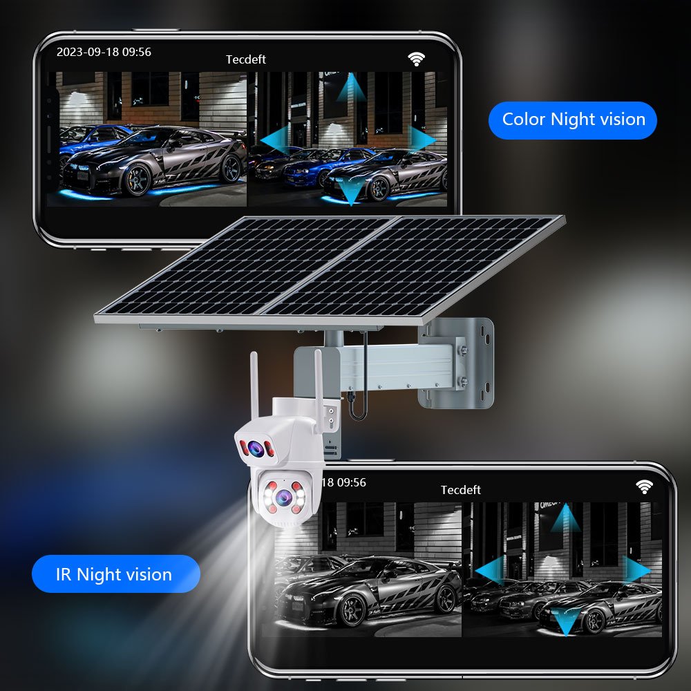 TecDeft Wireless solar surveillance cameras PTZ CCTV 6MP ICSee Dual Lens Solar Panel Kits 60W 60Ah Outdoor WIFI Solar Camera
