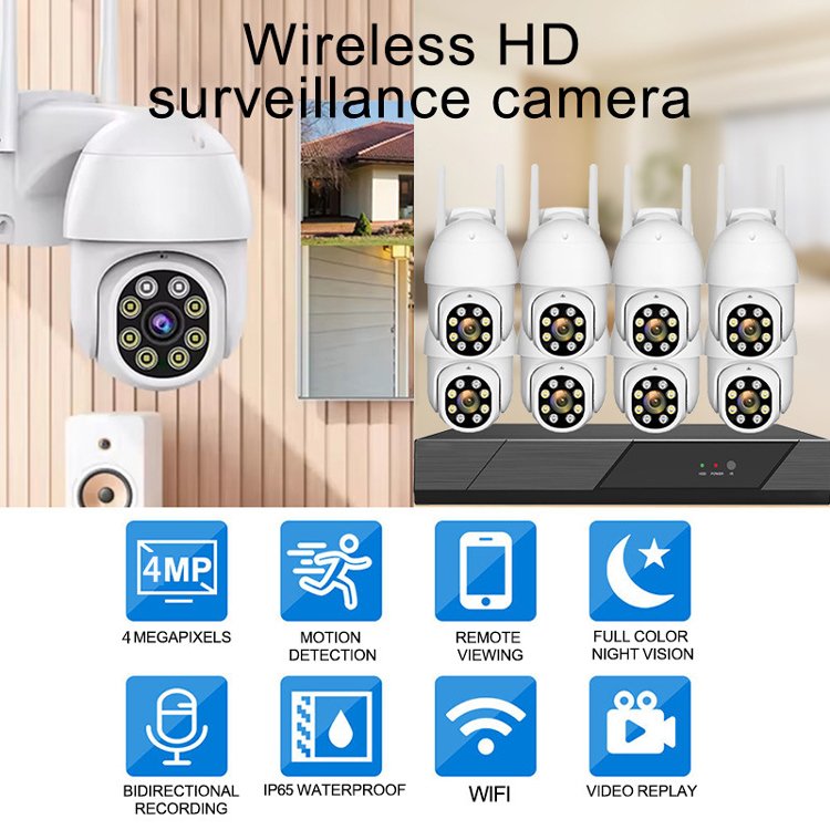 Rscamtom 8CH CCTV WIFI Kit Camera Set Two Way Audio Motion Detection 360 Degree Colorful Night Vision PTZ CCTV System Wireless