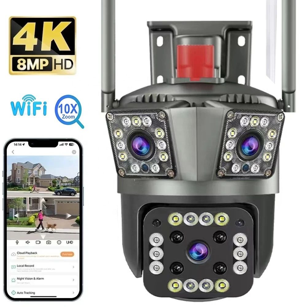 V380 6K Outdoor Wireless Cctv Camera Three Lens 8x Optical Zoom Humanoid Tracking Alarm Ip Security Surveillance Camera 12mp