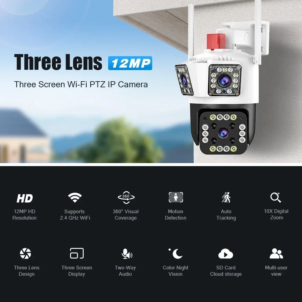 V380 6K Outdoor Wireless Cctv Camera Three Lens 8x Optical Zoom Humanoid Tracking Alarm Ip Security Surveillance Camera 12mp